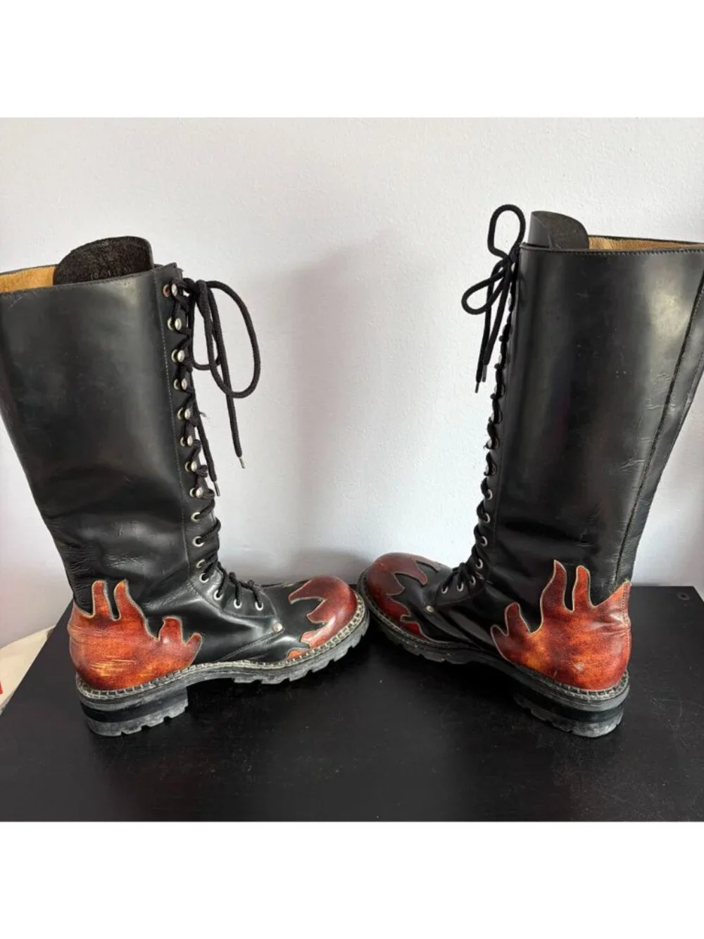 Vintage 90s Smack Leather Lace Up Boots Mens Size 10 Flame Patchwork Moto Goth
